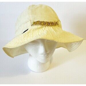 Vintage Totes Womens Rain Hat Ivory Taupe Cloche Bucket Wide Brim Gold Chain